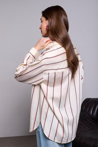 BLUE THREAD Lightweight Oversized Striped Drop Shoulder Collared Blouse-Antiquewhite