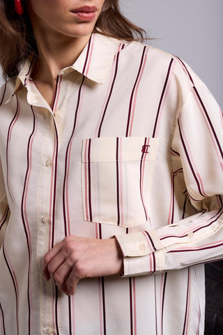 BLUE THREAD Lightweight Oversized Striped Drop Shoulder Collared Blouse-Antiquewhite