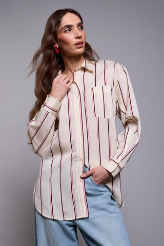 BLUE THREAD Lightweight Oversized Striped Drop Shoulder Collared Blouse-Antiquewhite