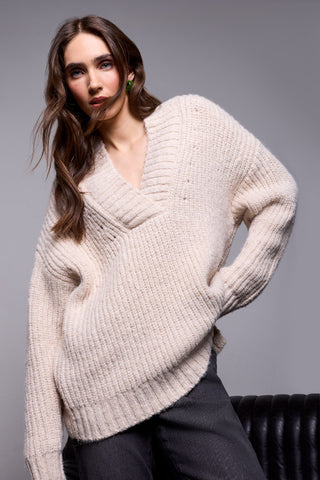 BLUE THREAD Oversized Chunky Ribbed Deep V-Neck Knit Sweater-Neck-H cream