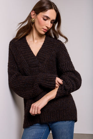 BLUE THREAD Oversized Chunky Ribbed Deep V-Neck Knit Sweater-H saddle brown