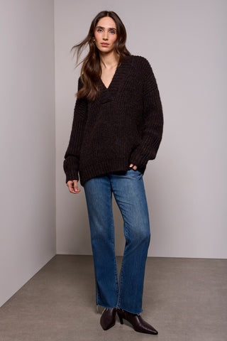 BLUE THREAD Oversized Chunky Ribbed Deep V-Neck Knit Sweater-H saddle brown