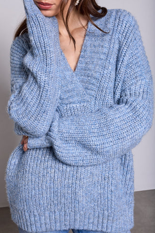 BLUE THREAD Chandail Oversize En Maille Côtelée Avec Col En V Profond-Ciel satiné melange