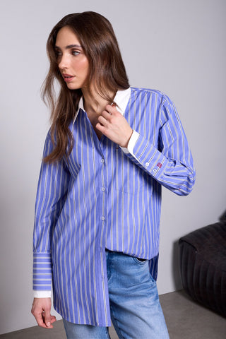 BLUE THREAD Oversized Fancy Double Cuff Striped Collared Blouse-Oxfordblue