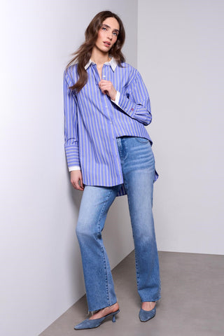 BLUE THREAD Oversized Fancy Double Cuff Striped Collared Blouse-Oxfordblue