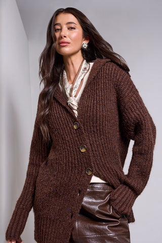 BLUE THREAD Cardigan Oversize En Maille Côtelée Avec Revers Cranté-Chocolate melange