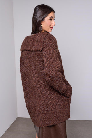 BLUE THREAD Cardigan Oversize En Maille Côtelée Avec Revers Cranté-Chocolate melange