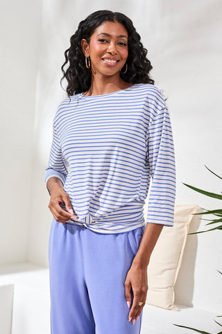 Soft Modal Boat Neck 3/4 Sleeve Top With Knot Detail-Baja blue