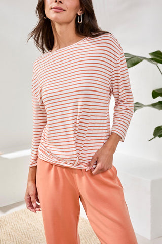 Soft Modal Boat Neck 3/4 Sleeve Top With Knot Detail-Guavablush