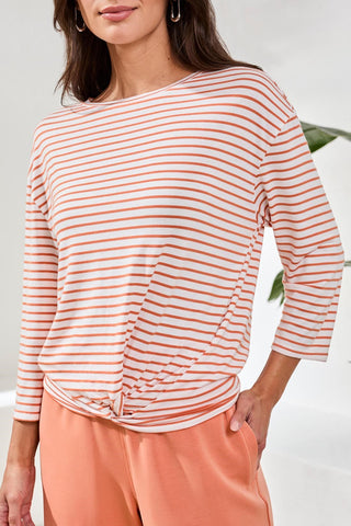 Soft Modal Boat Neck 3/4 Sleeve Top With Knot Detail-Guavablush
