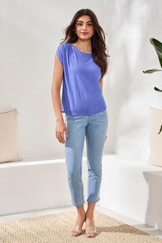 Boat Neck Cap Sleeve Top-Baja blue