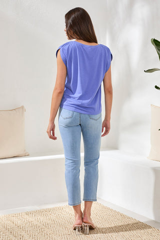 Boat Neck Cap Sleeve Top-Baja blue