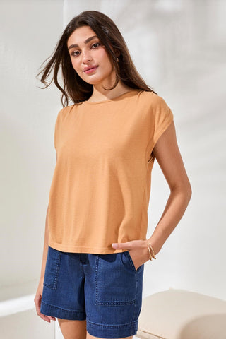 Boat Neck Cap Sleeve Top-Saharabeige