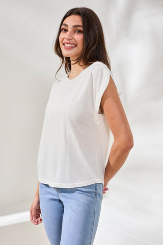 Boat Neck Cap Sleeve Top-White