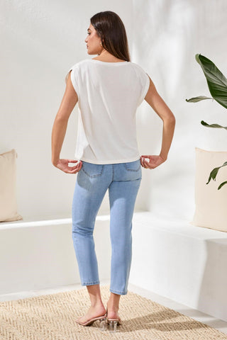Boat Neck Cap Sleeve Top-White