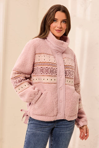 Veston Bouclé Sherpa Avec Broderie-Gelée rose