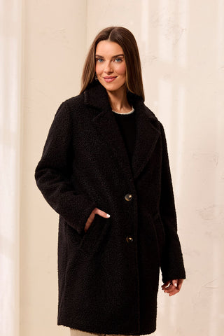 Bouclé Single Breast Button-Front Coat-Black