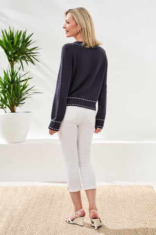 Boucle Yarn Contrast Stitch Cardigan-Jet blue
