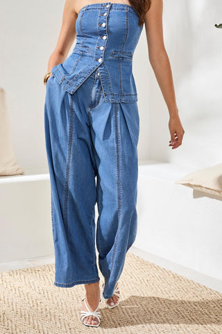 Pantalon Large Plissé En Denim Brooke-Côte amalfitaine