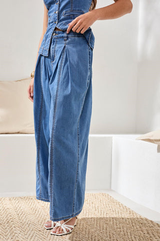 Pantalon Large Plissé En Denim Brooke-Côte amalfitaine