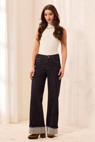 Brooke Palazzo Wide Leg Cuffed Denim Jeans-Rinse