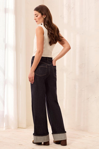 Brooke Palazzo Wide Leg Cuffed Denim Jeans-Rinse