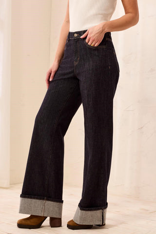 Brooke Palazzo Wide Leg Cuffed Denim Jeans-Rinse