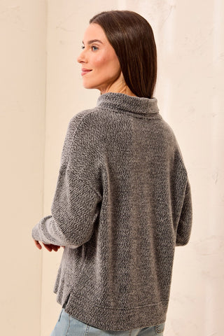Brushed Knit Funnel-Neck Drop Shoulder Top-Charcoal