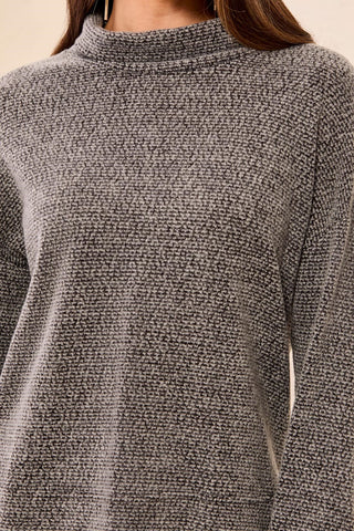 Brushed Knit Funnel-Neck Drop Shoulder Top-Charcoal