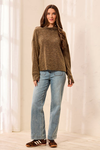 Brushed Knit Funnel-Neck Drop Shoulder Top-Dullgold
