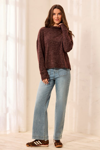 Brushed Knit Funnel-Neck Drop Shoulder Top-Hickory