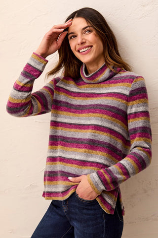 Chandail À Rayures En Tricot Brossé Et Col Cheminée-Mûre