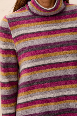 Chandail À Rayures En Tricot Brossé Et Col Cheminée-Mûre