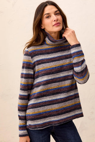 Brushed Knit Stripe Funnel Neck Long Sleeve Sweater-Stellar