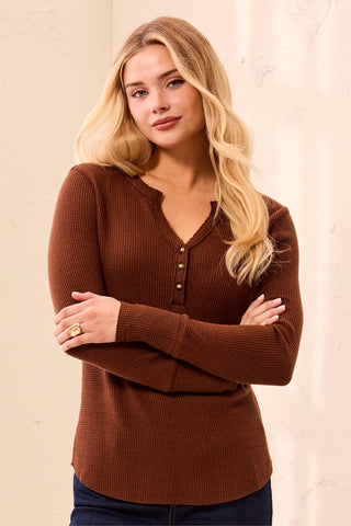 Brushed Waffle Knit Henley Long Sleeve Top-H chocolate