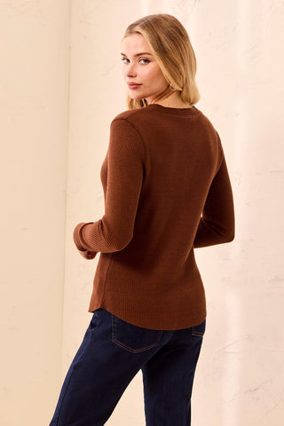 Brushed Waffle Knit Henley Long Sleeve Top-H chocolate