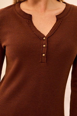 Brushed Waffle Knit Henley Long Sleeve Top-H chocolate