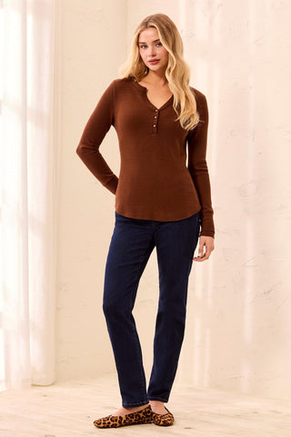 Brushed Waffle Knit Henley Long Sleeve Top-H chocolate