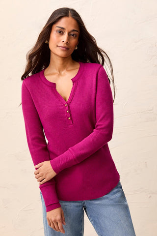 Brushed Waffle Knit Henley Long Sleeve Top-H magenta