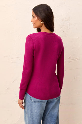 Brushed Waffle Knit Henley Long Sleeve Top-H magenta