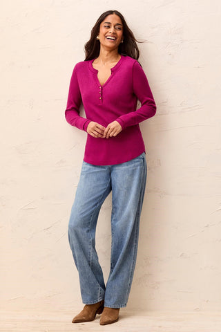 Brushed Waffle Knit Henley Long Sleeve Top-H magenta