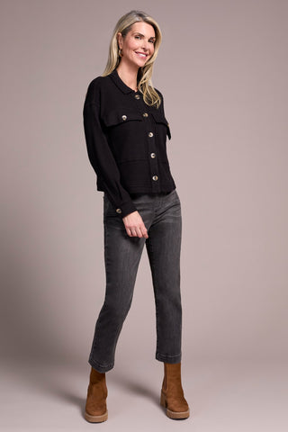 Brushed Waffle Knit Shacket-Black