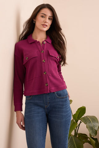 Brushed Waffle Knit Shacket-H plumwine