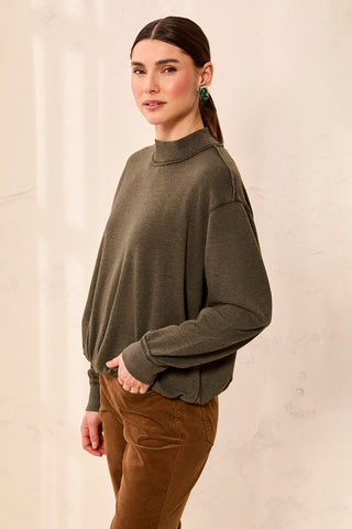 Bubble French Terry Crew Neck Long Sleeve Knit Top-Cedargreen