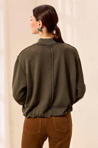 Bubble French Terry Crew Neck Long Sleeve Knit Top-Cedargreen