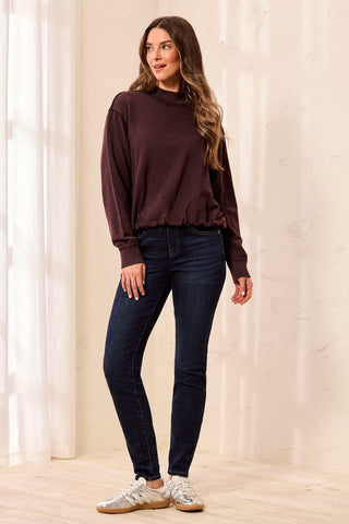 Bubble French Terry Crew Neck Long Sleeve Knit Top-Saddlebrown