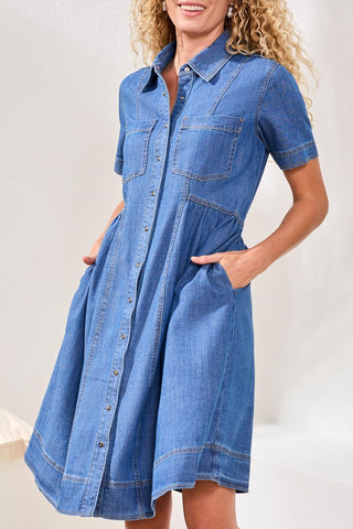 Button Down Flowy Denim Dress With Pockets-Fjordblue