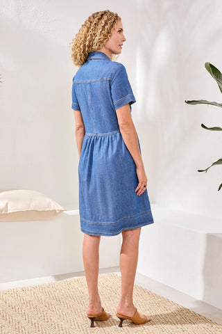Button Down Flowy Denim Dress With Pockets-Fjordblue