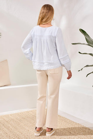 Crinkle Gauze Button-Front Balloon Sleeve Frayed Hem Blouse-Saltwater