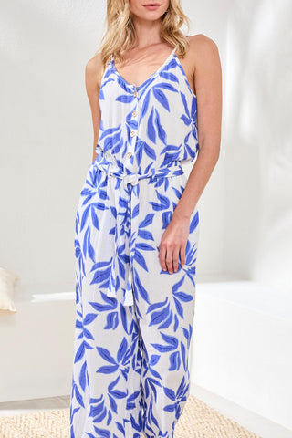 Button-Front Printed Gauze Jumpsuit With Sash-Baja blue